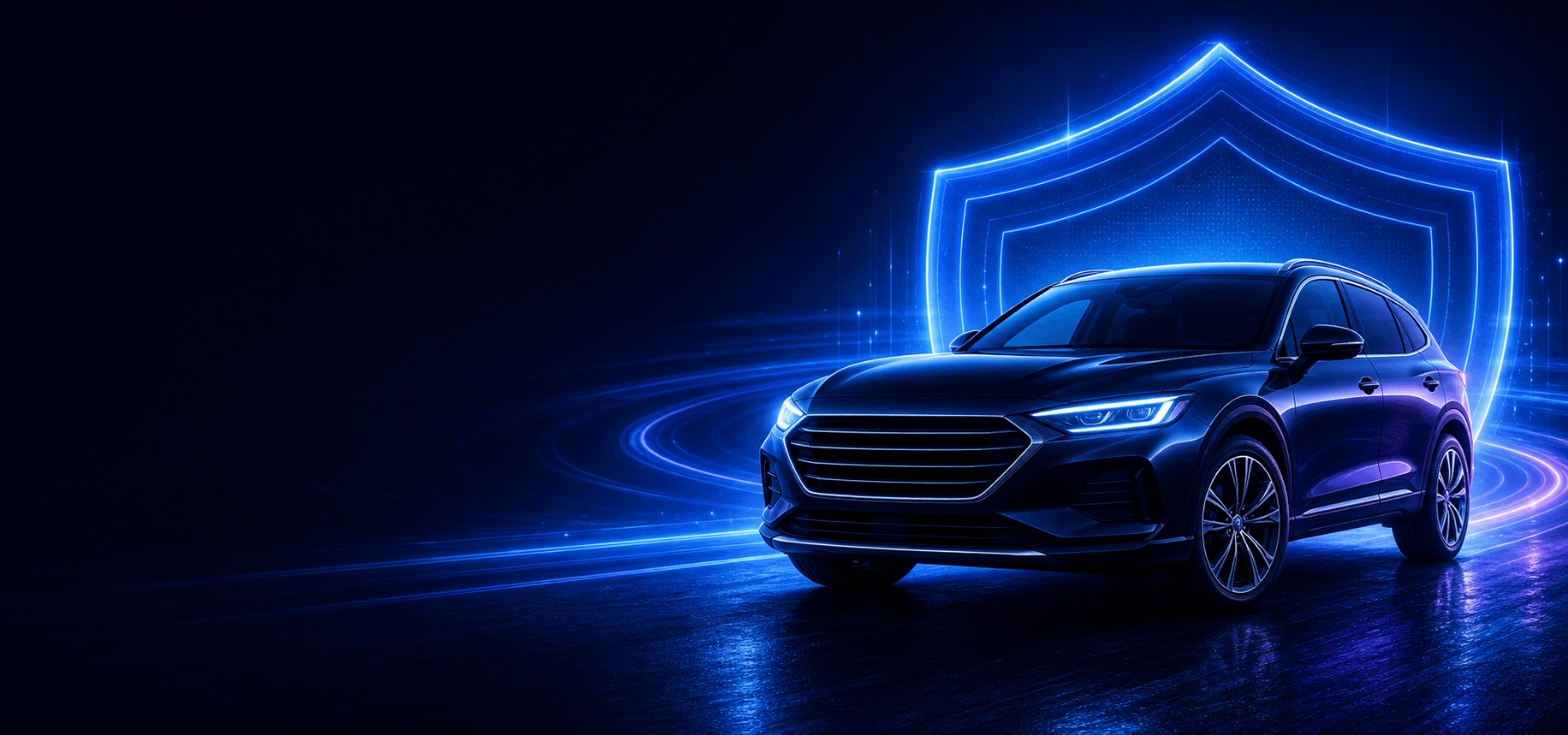 A modern car protected by a layered electric-blue shield