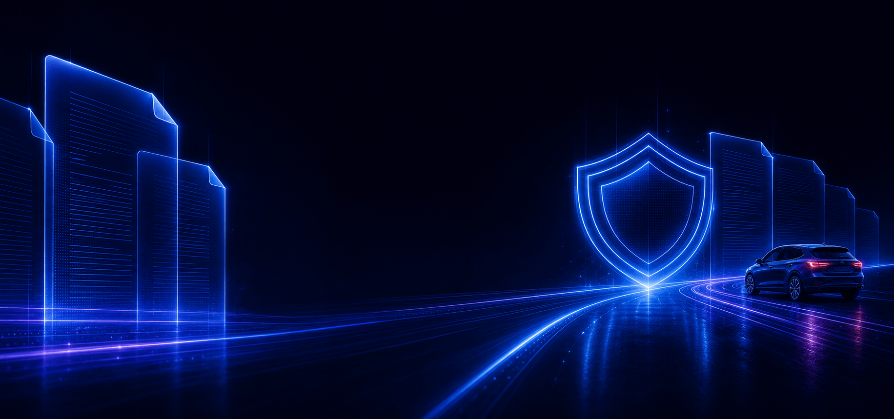 Illuminated guide documents, a protection shield and a car on a midnight-blue road