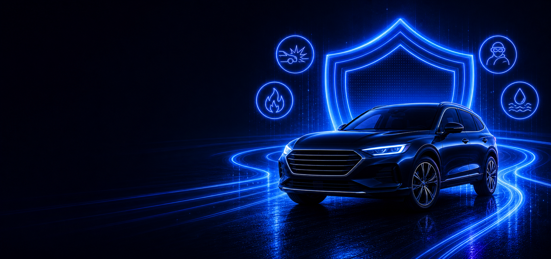 A modern car protected by a neon shield with symbols for accident, fire, theft and flood